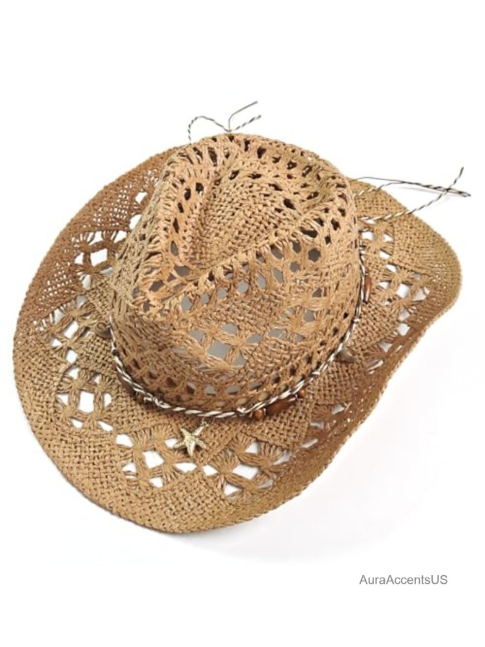 Wide Brim Straw Cowboy Hat Beaded Band Shapeable Crochet Sun Hat
